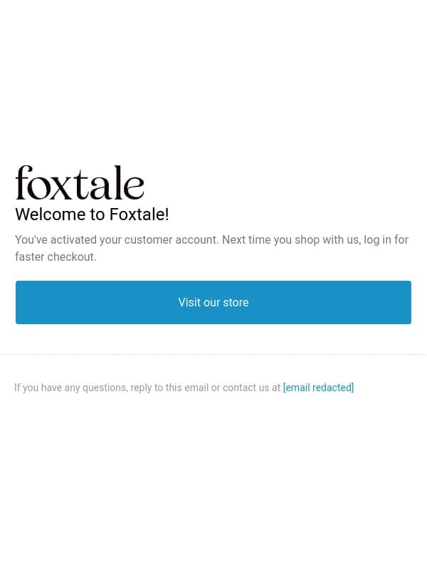 Customer account confirmation email from Foxtale screenshot