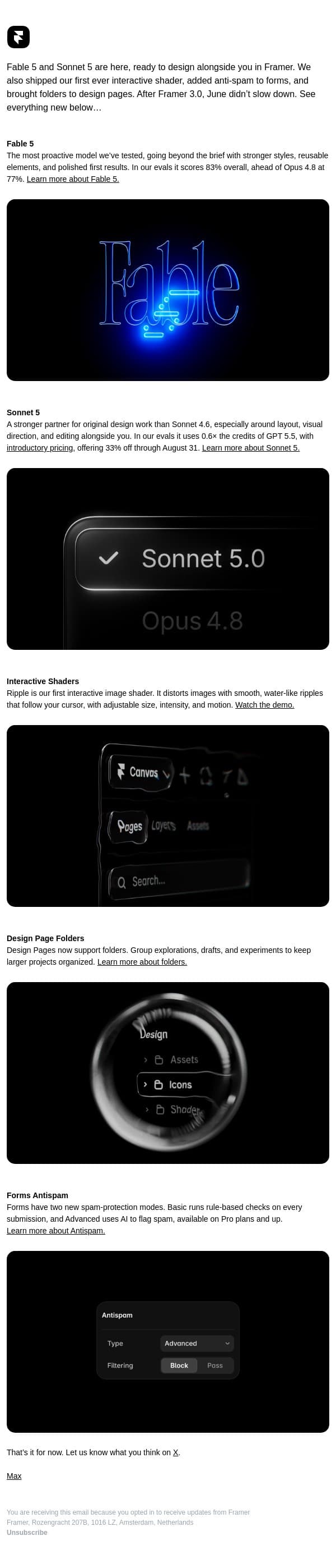 Framer Monthly email from Framer screenshot