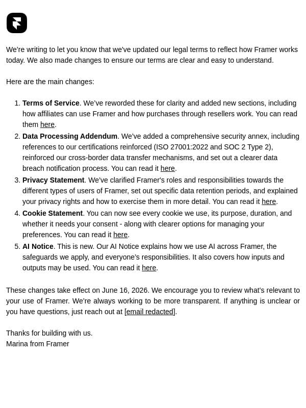 We’ve updated Framer’s legal terms email from Framer screenshot