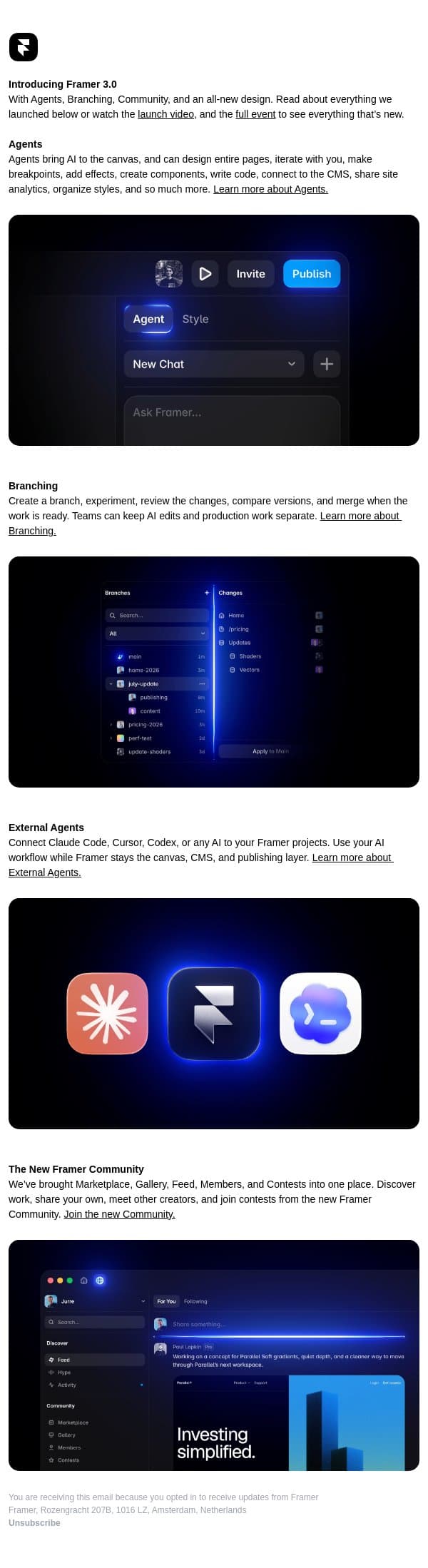 Introducing Framer 3.0 email from Framer screenshot
