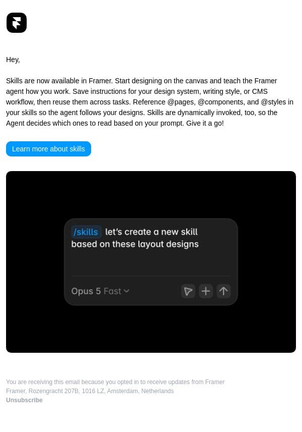 Skills are here: Teach the agent to design like you and your team email from Framer screenshot