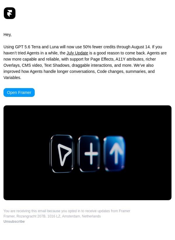 GPT 5.6 Terra and Luna now use 50% fewer credits email from Framer screenshot