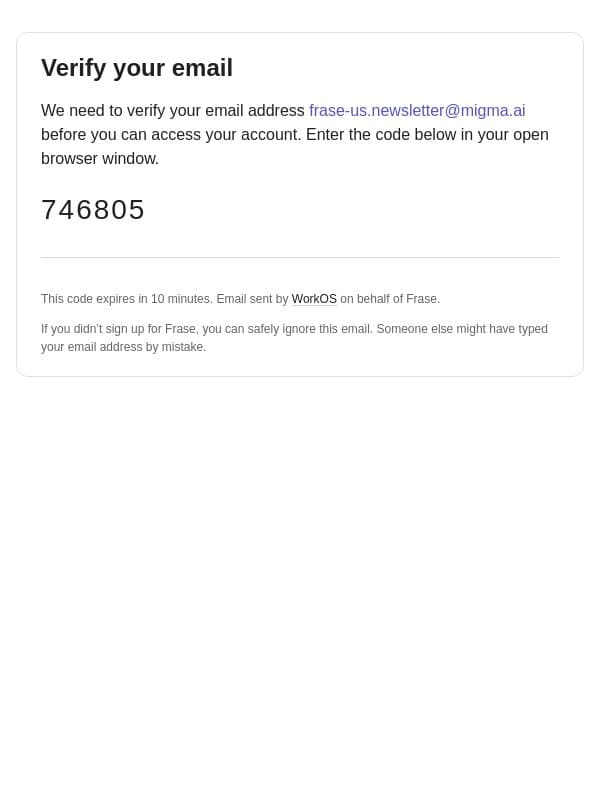 Verify your email address email from Frase screenshot