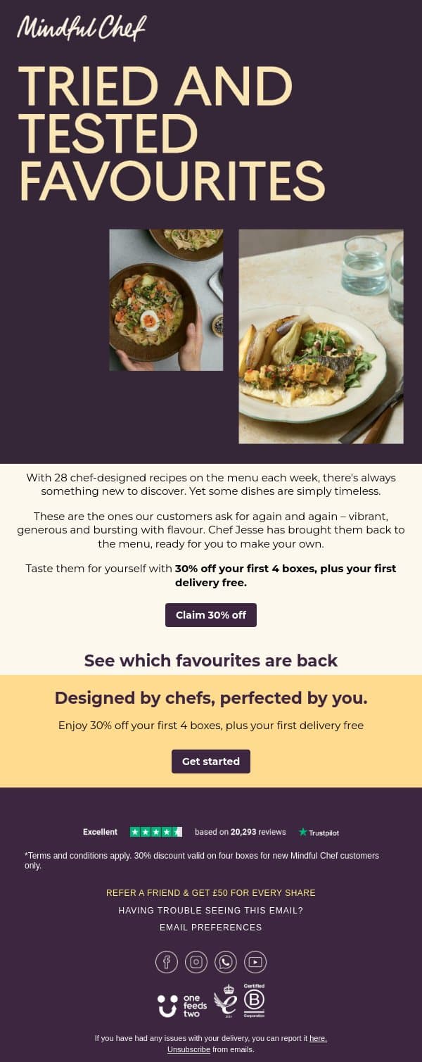 30% off your first 4 boxes of our most-loved recipes email from Freshly screenshot