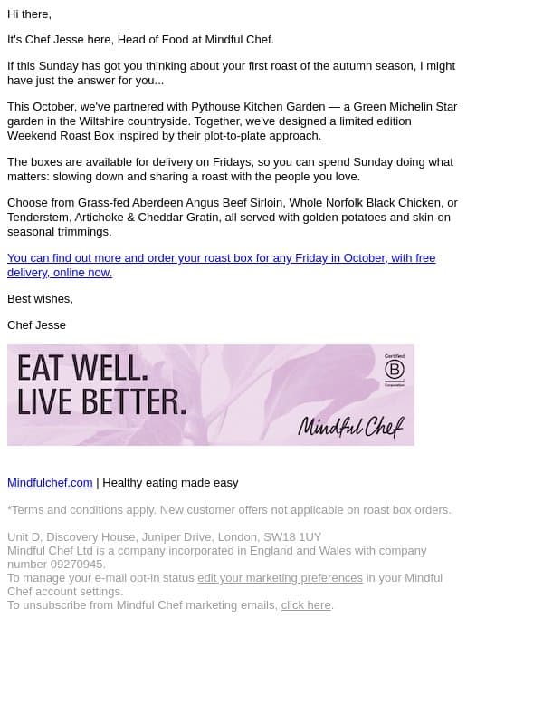 A Sunday roast worth savouring, this October only email from Freshly screenshot
