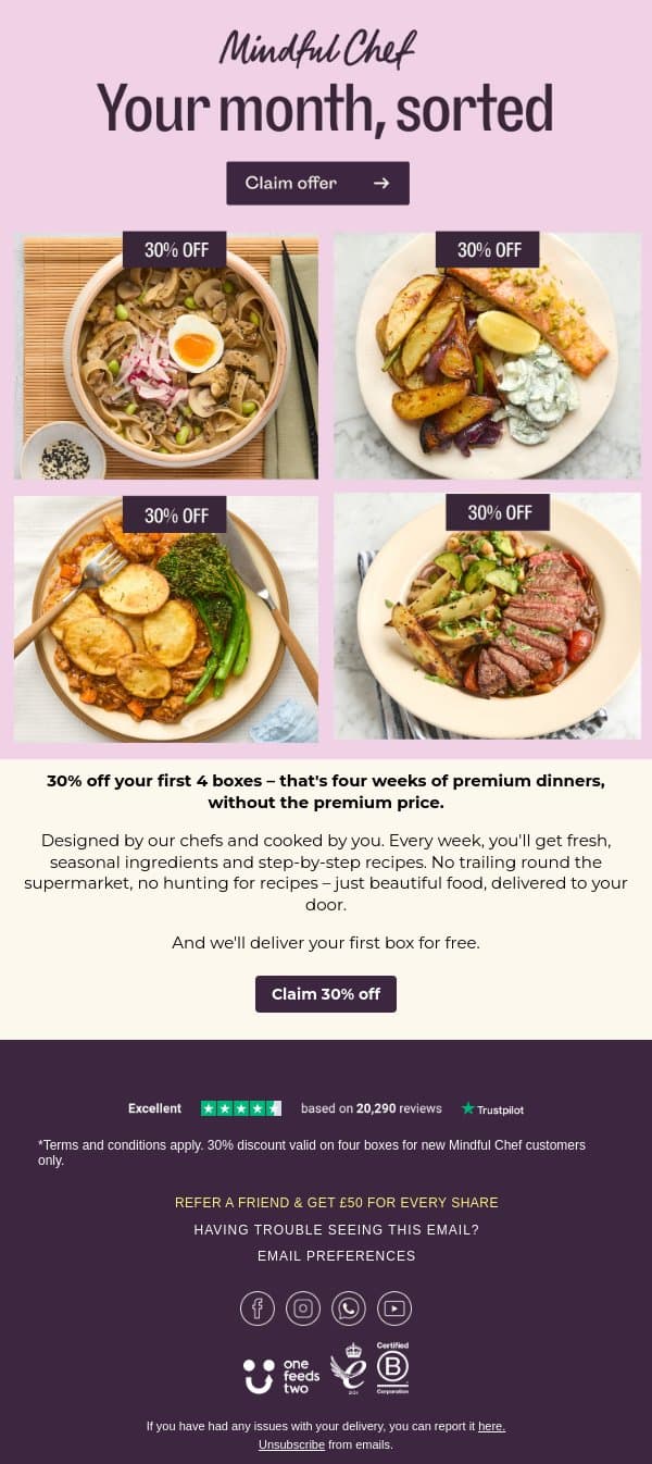 30% off four weeks of delicious dinners email from Freshly screenshot