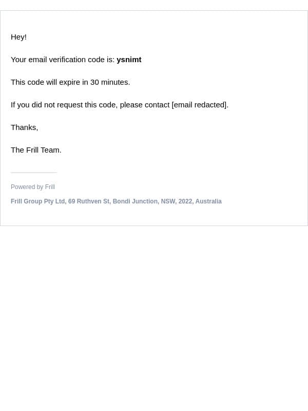 Email Verification Code email from Frill screenshot