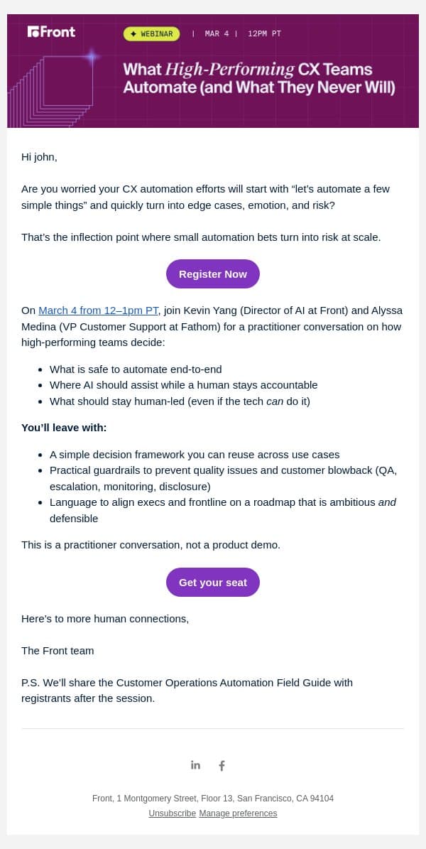 What CX teams should automate (and what they never will) email from Front screenshot