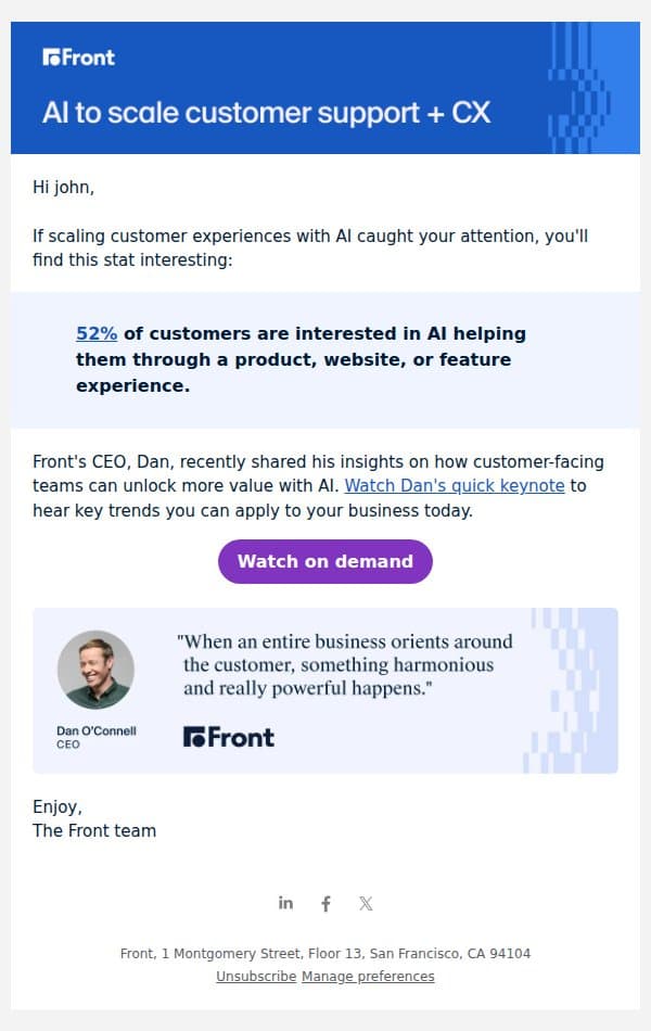 AI to scale customer support + CX email from Front screenshot