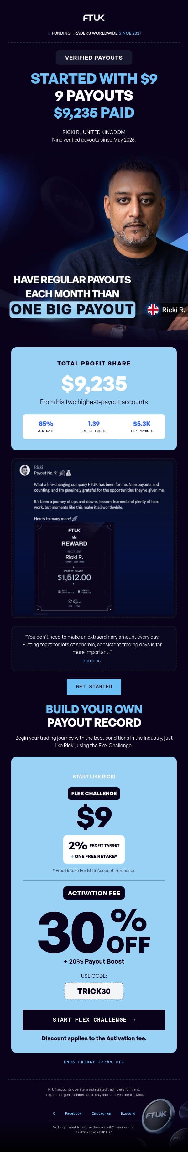 ✅ 9 payouts. $9,235. One trader. email from FTUK screenshot