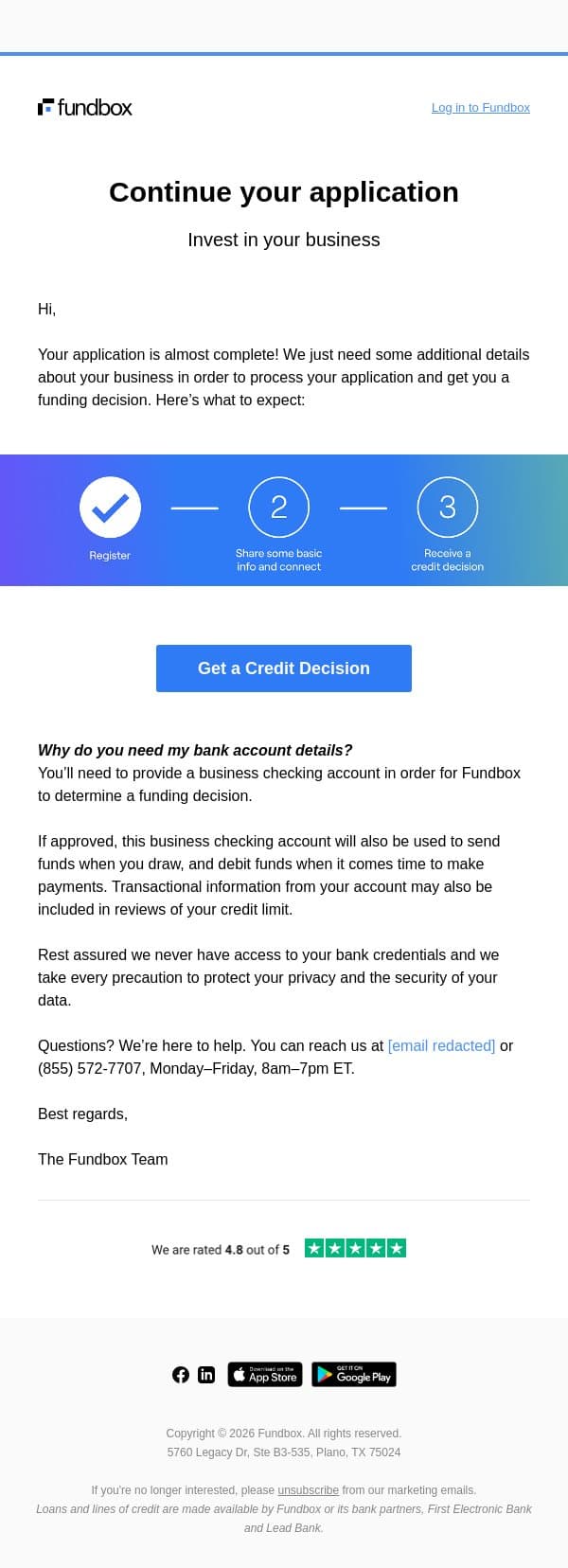 Still need funding? email from Fundbox screenshot
