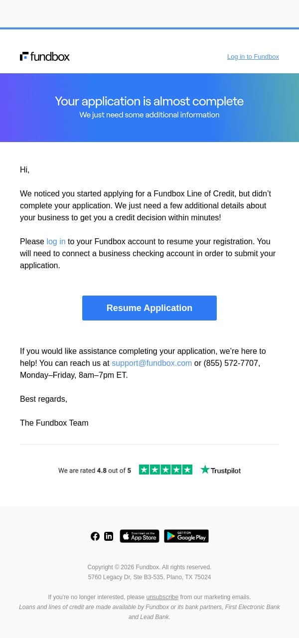 Hi there, your funding decision is a few steps away! email from Fundbox screenshot