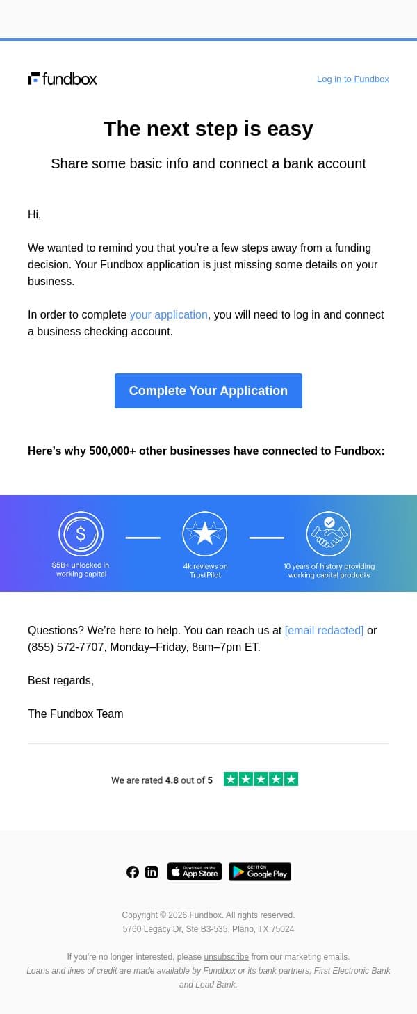 Hi there, your Fundbox application is incomplete email from Fundbox screenshot