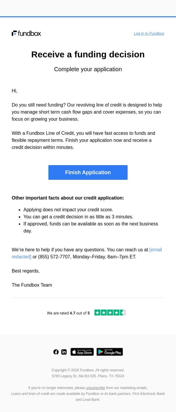 Reminder: Finish your Fundbox Line of Credit application email from Fundbox screenshot