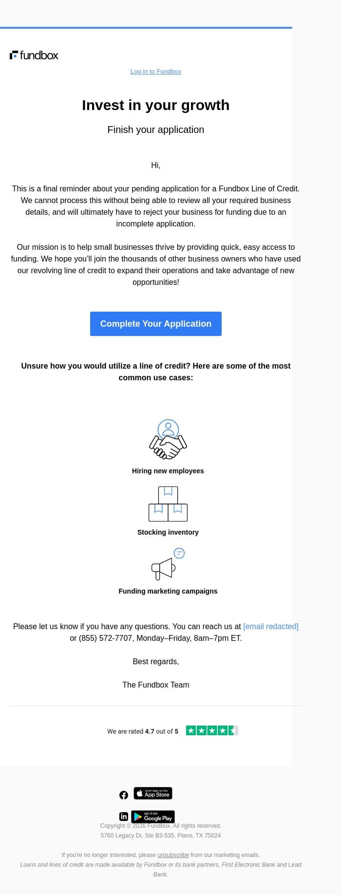Final reminder about your Fundbox application email from Fundbox screenshot