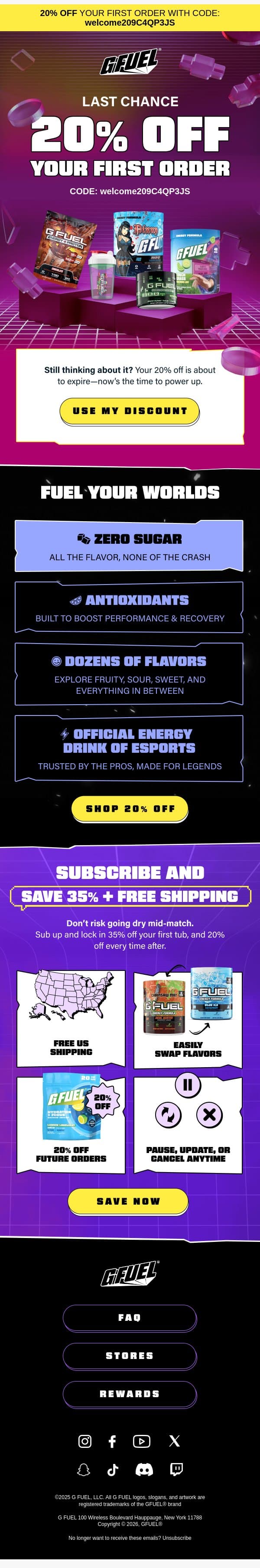 ⌛ FINAL HOURS: 20% Off Your First Order email from G Fuel screenshot