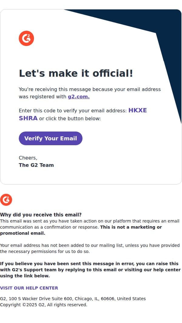 G2 Email Verification email from G2 screenshot