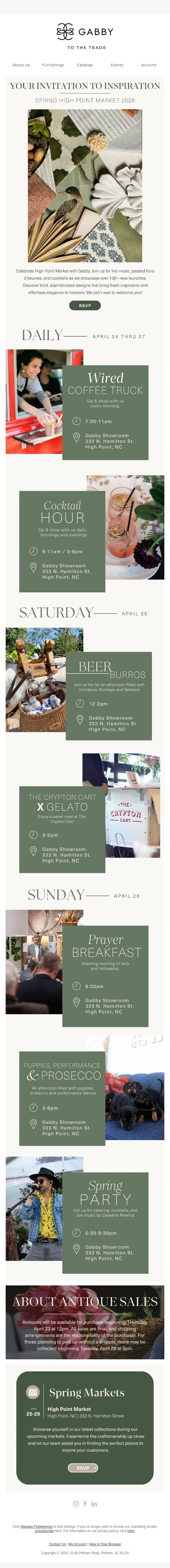 Your Invitation to Spring High Point Market email from Gabby screenshot