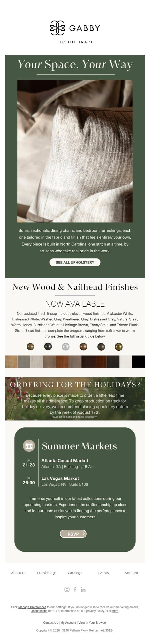 Upholstery Built Around How You Live email from Gabby screenshot
