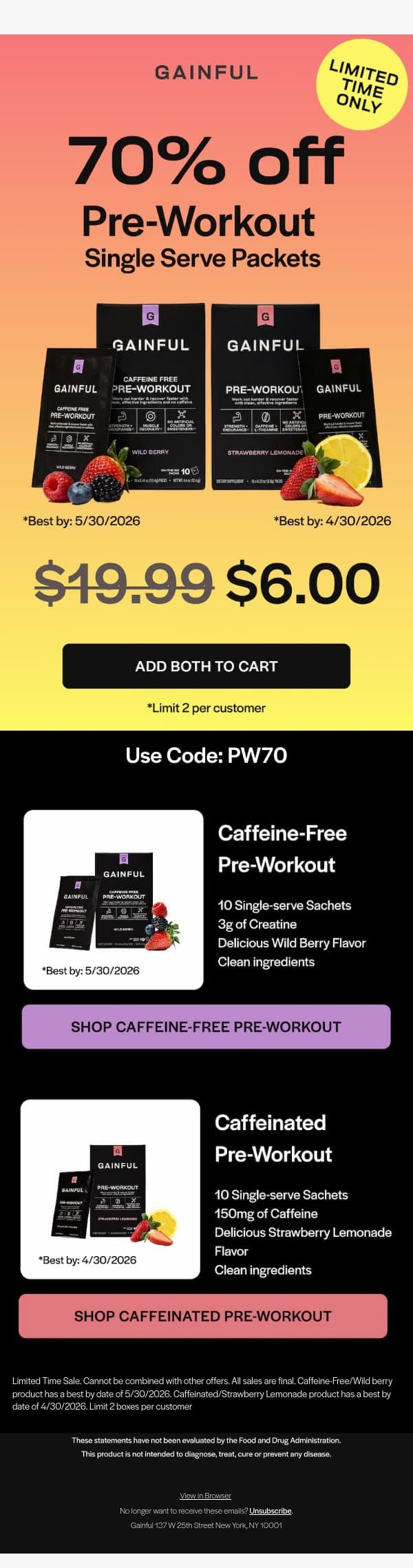 70% off Single-Serve Pre-Workout email from Gainful screenshot
