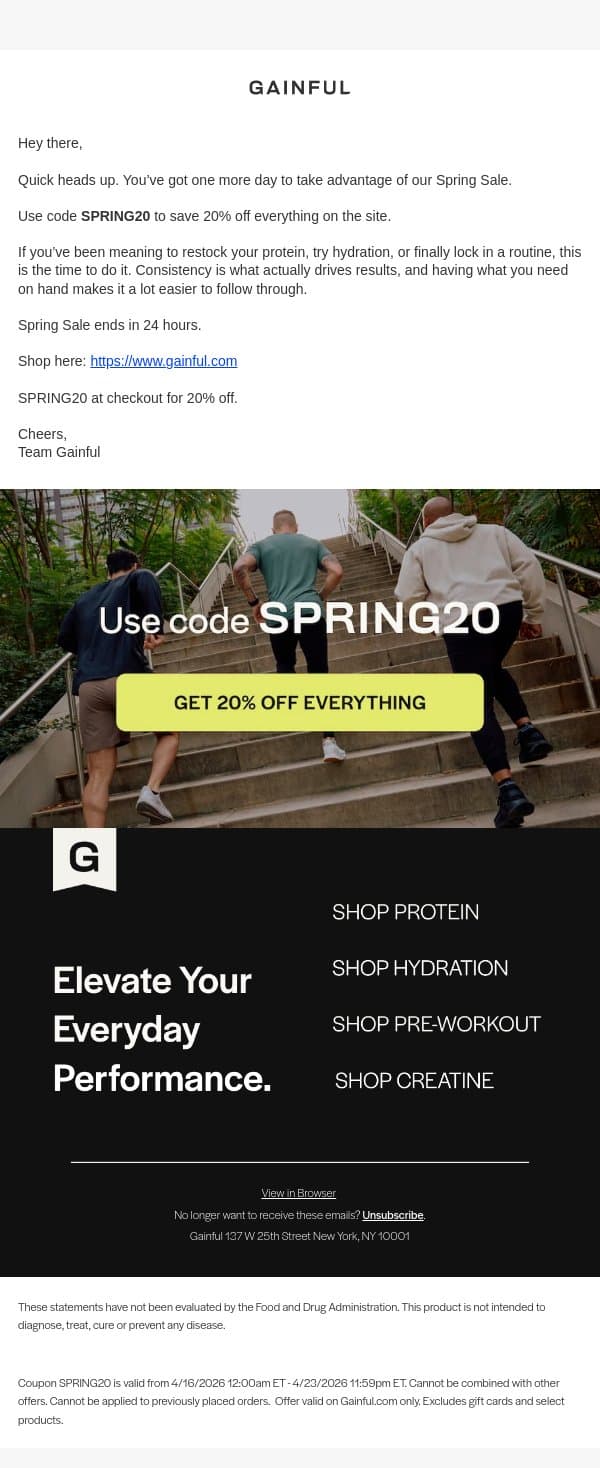 24 hours left for 20% off email from Gainful screenshot