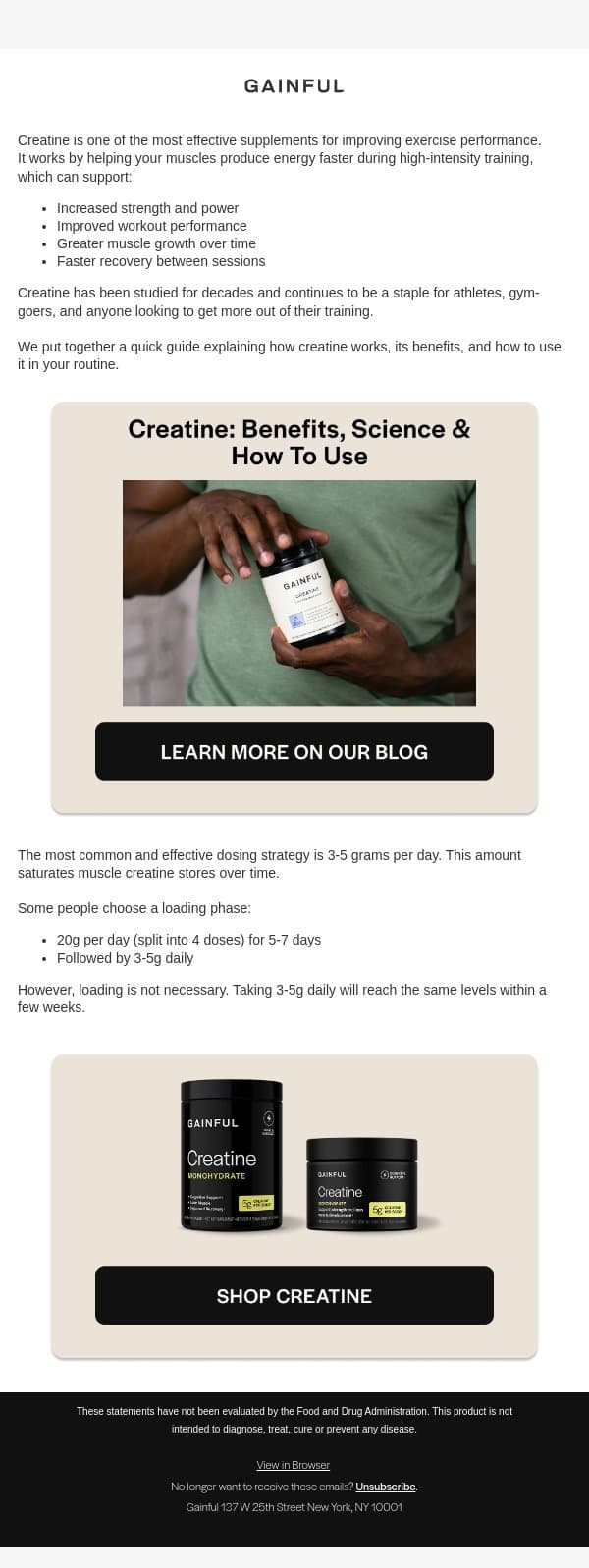 Creatine: The most studied supplement in fitness email from Gainful screenshot