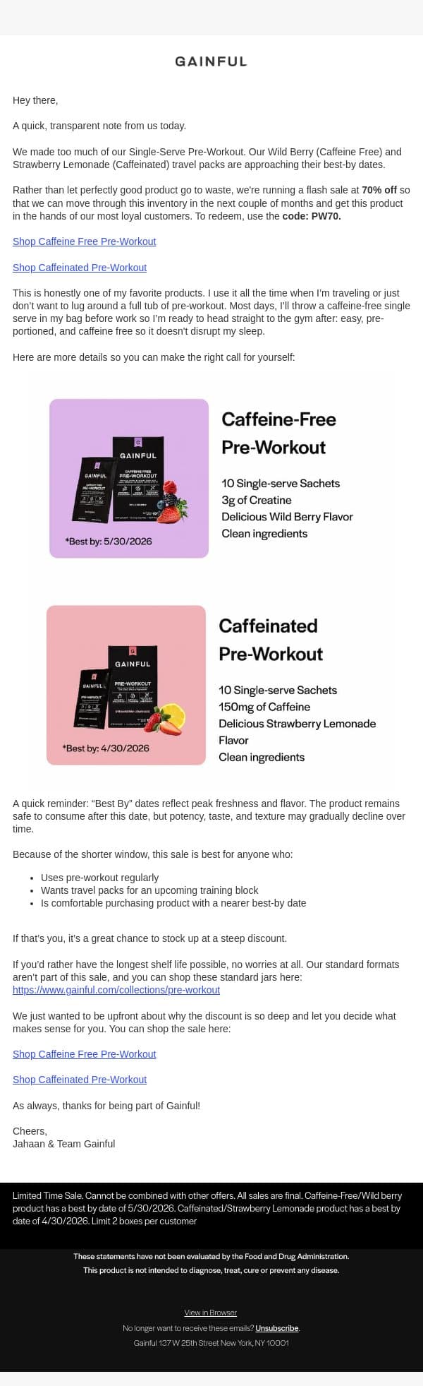 We Made Too Much (So Here's 70% Off) email from Gainful screenshot