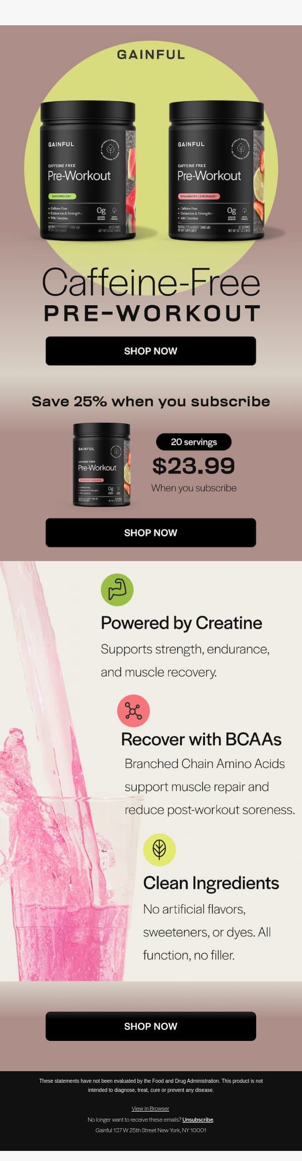Product Spotlight: Caffeine-Free Pre-Workout 🦉 email from Gainful screenshot