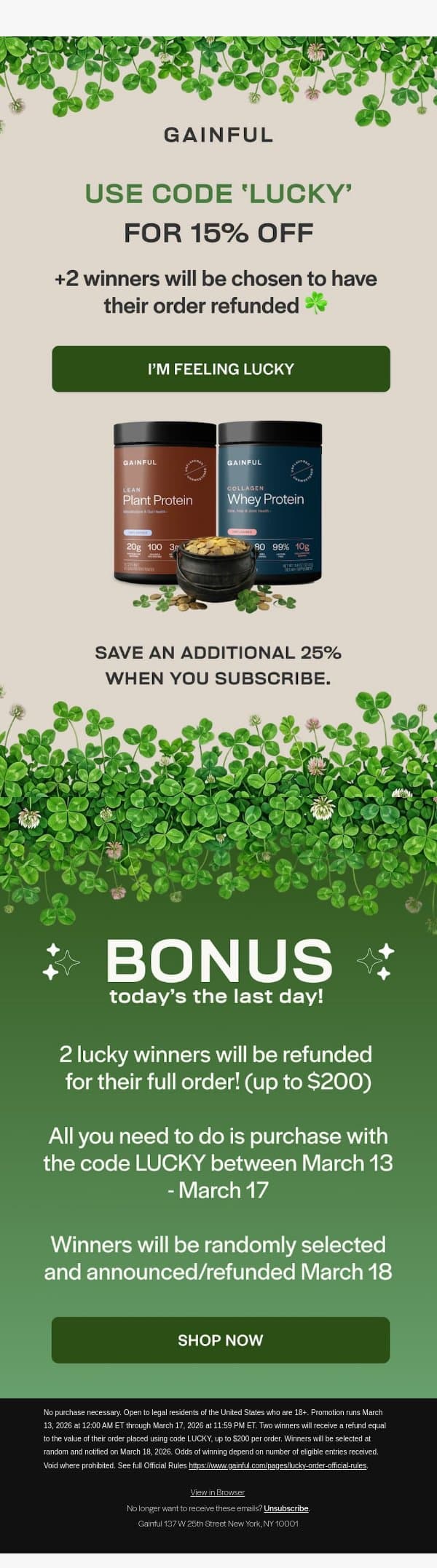 Happy St. Patrick's Day ☘️ email from Gainful screenshot