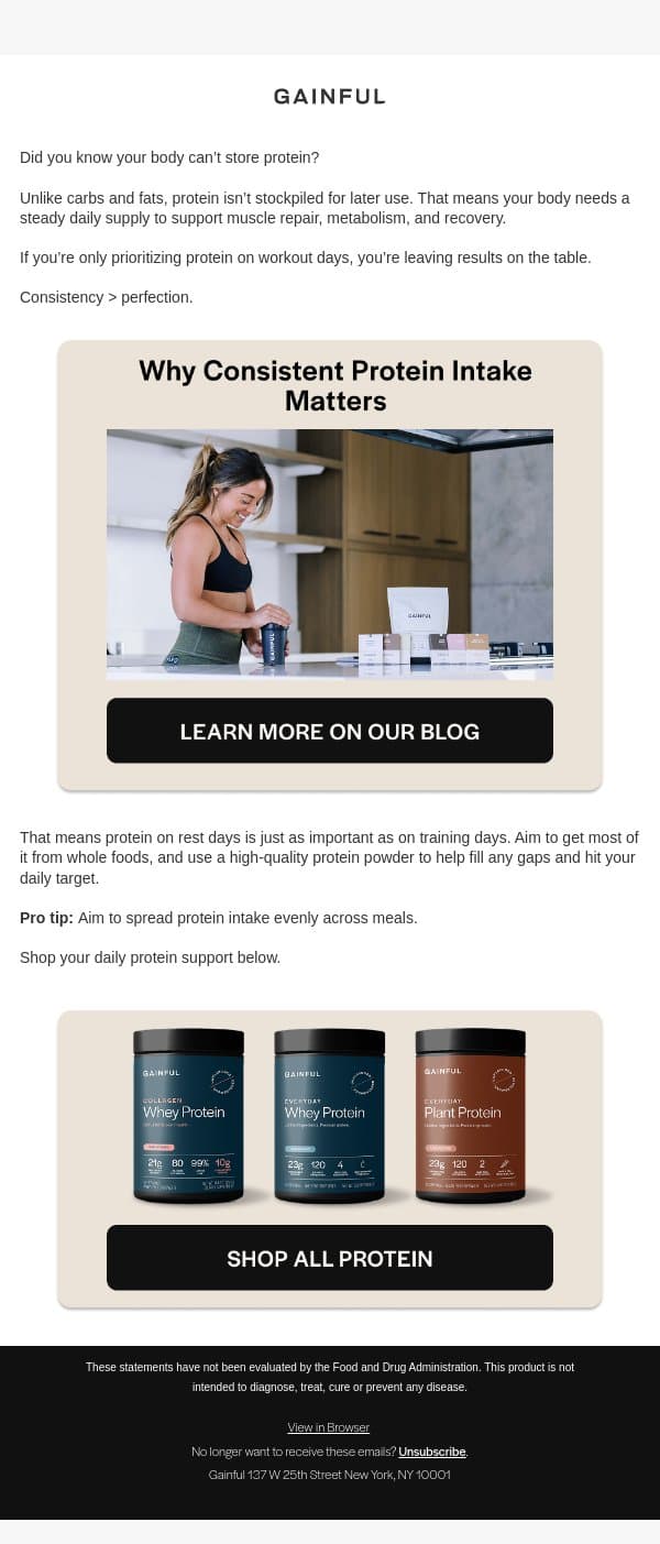 Your body can’t store protein email from Gainful screenshot