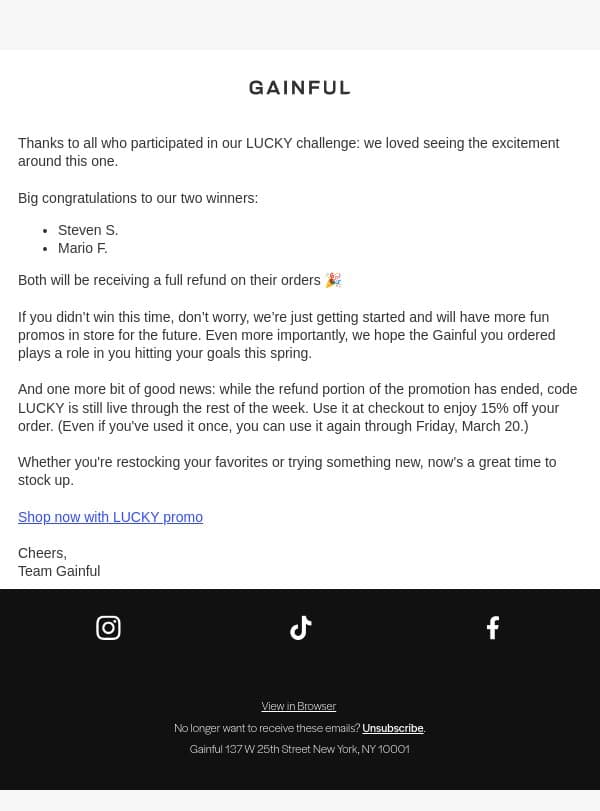 Lucky Winners Selected email from Gainful screenshot