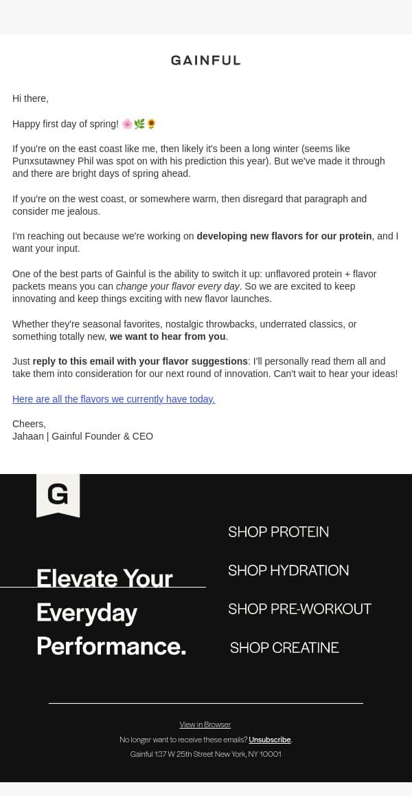 I want to hear your flavor ideas! 🍦🍫😋 email from Gainful screenshot
