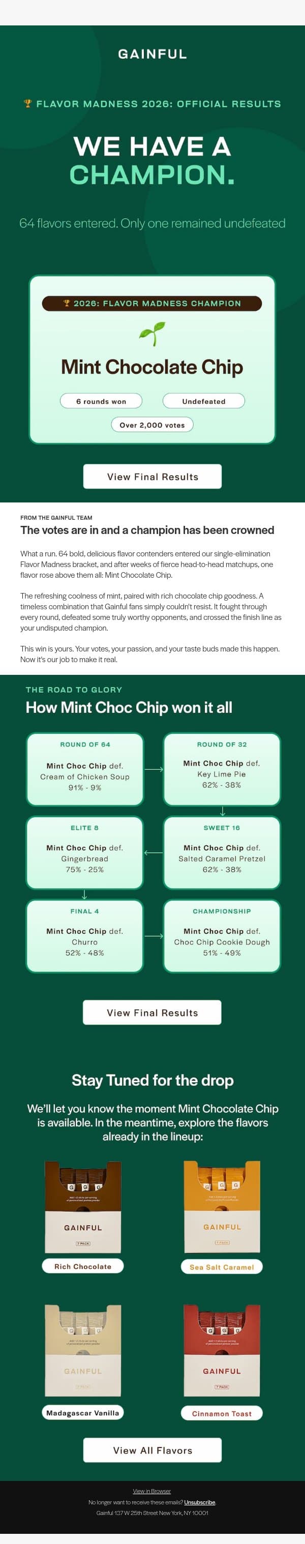 🏆 Meet Your New Flavor Champion! email from Gainful screenshot