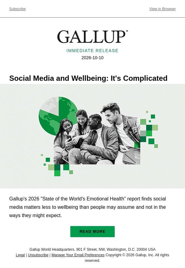 Social Media and Wellbeing: It's Complicated email from Gallup screenshot