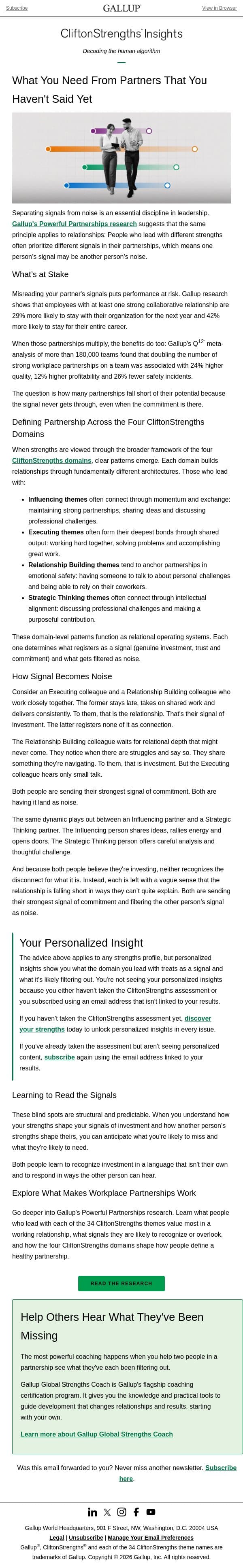 The missing piece in your partnerships email from Gallup screenshot