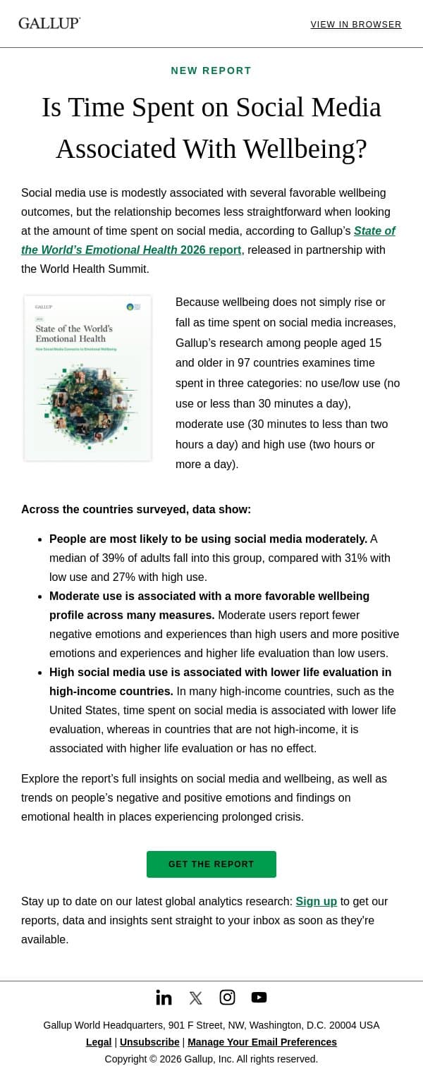 New Global Insights on Social Media Use and Wellbeing email from Gallup screenshot