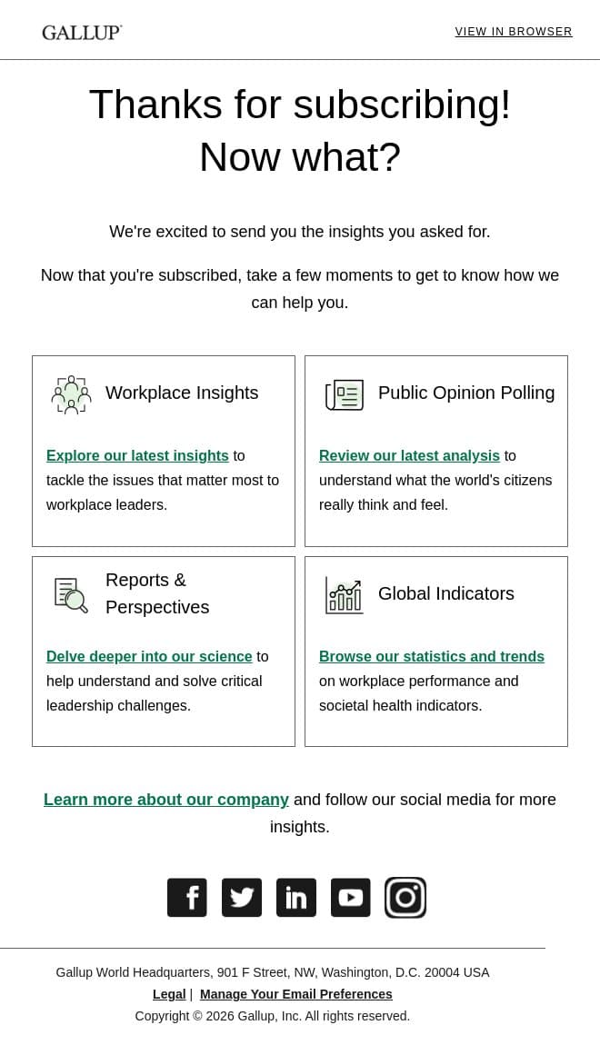 You're subscribed: What's next? email from Gallup screenshot