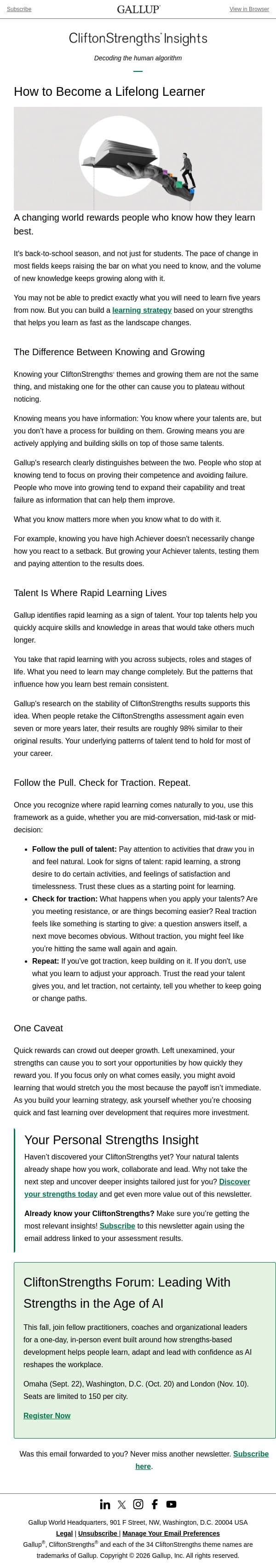 Lifelong Learning Starts With Your Talent email from Gallup screenshot