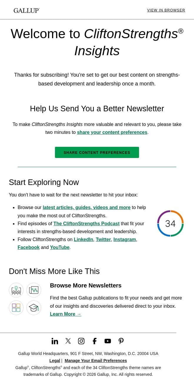 You're subscribed to CliftonStrengths Insights! email from Gallup screenshot
