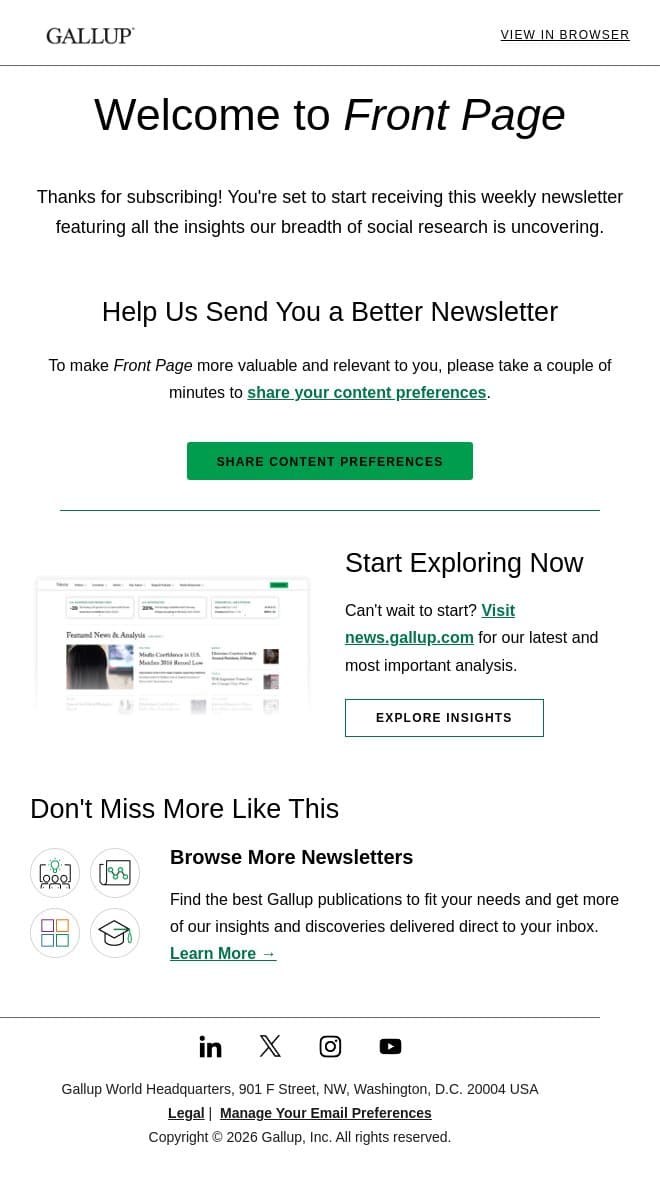 You're subscribed to Front Page! email from Gallup screenshot