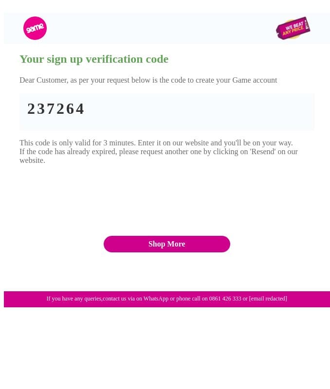 Game OTP email from Game screenshot