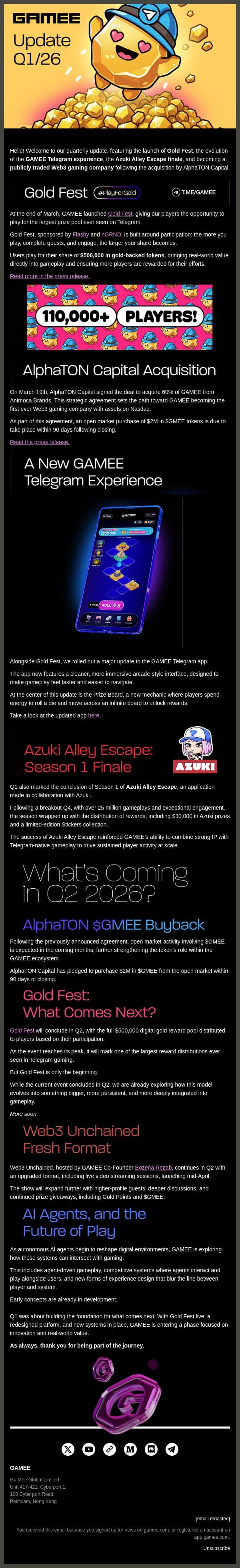 GAMEE Update Q1/26 | AlphaTON, $500k Gold Fest, and What's Next email from Gamee screenshot