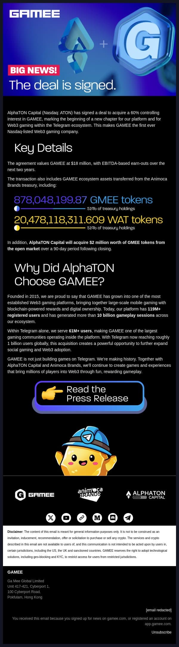 GAMEE | 📣 AlphaTON Acquires 60% of GAMEE email from Gamee screenshot