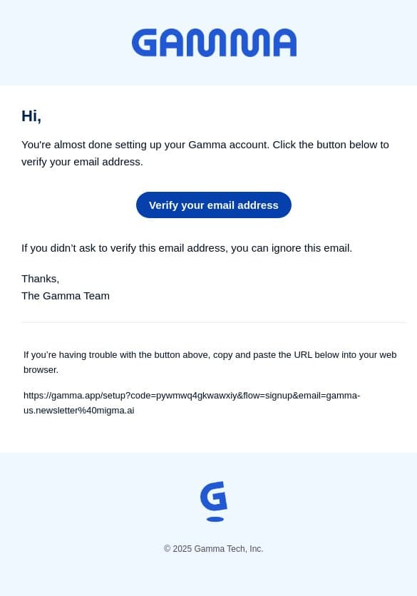 Please verify your email address email from Gamma screenshot