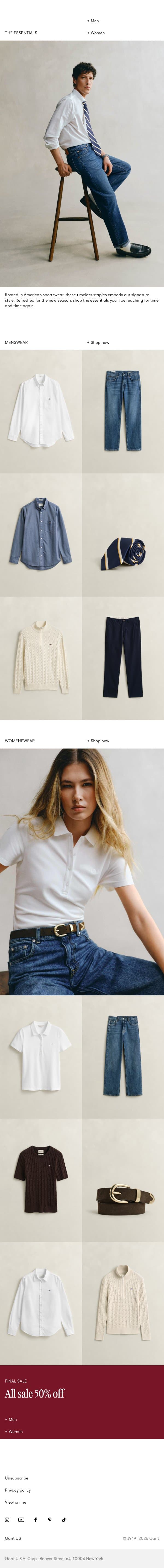 American sportswear staples email from Gant screenshot