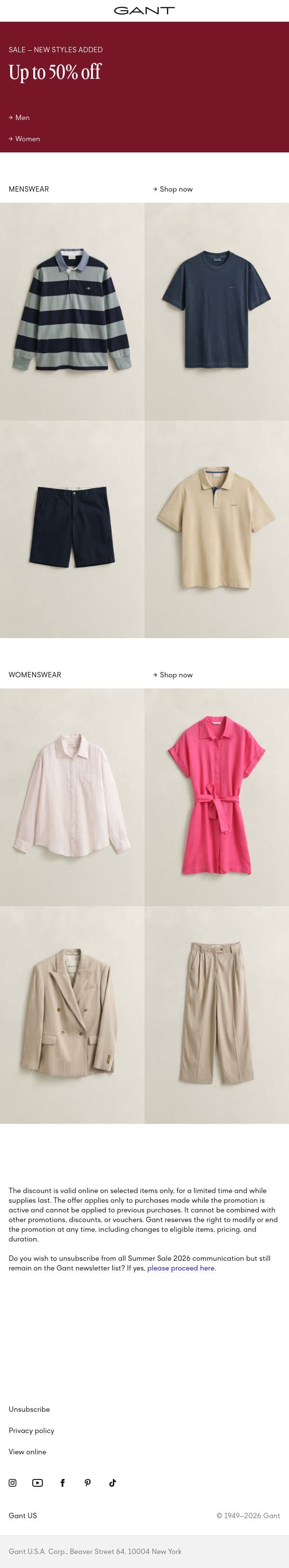 New styles added – Up to 50% off email from Gant screenshot