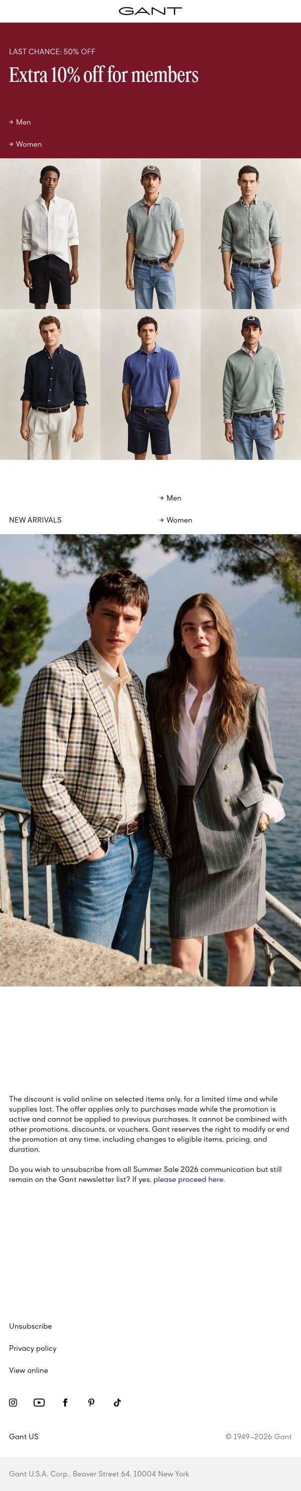 Last chance: Sale 50% off email from Gant screenshot