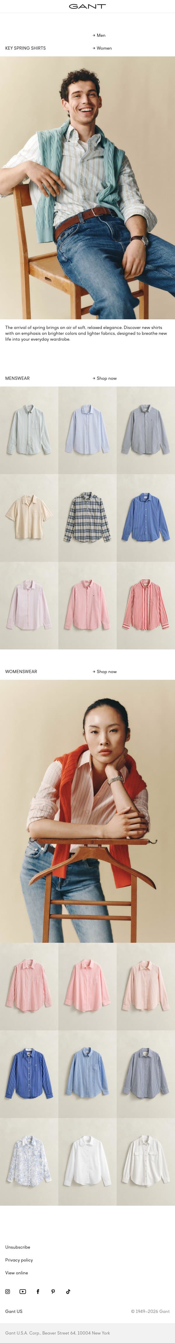 Key spring shirts email from Gant screenshot