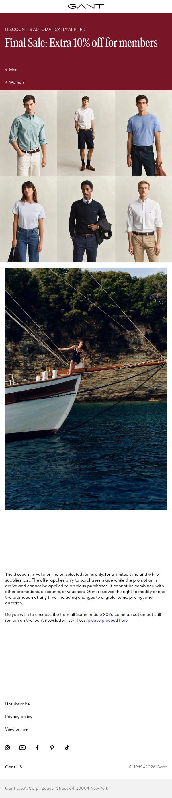 Extra 10% off Final Sale email from Gant screenshot