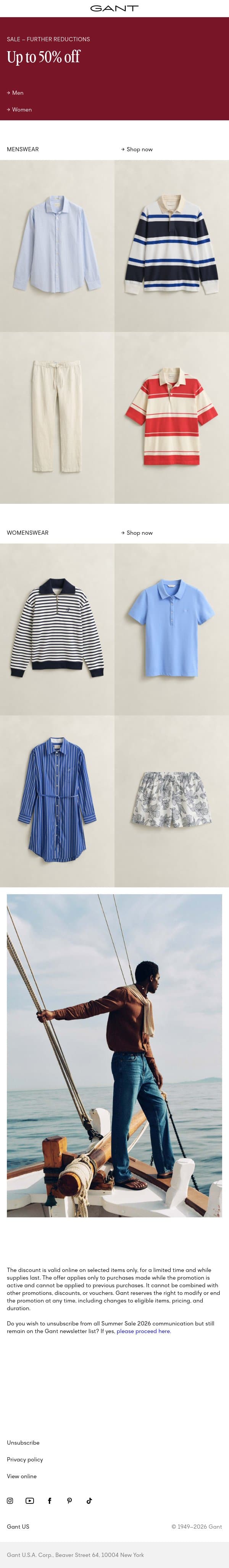 Further reductions - Up to 50% off email from Gant screenshot